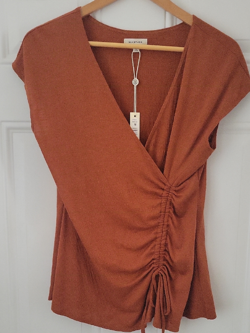 Max Studio Rust Drawstring Wrap-Front Cap Sleeve Top